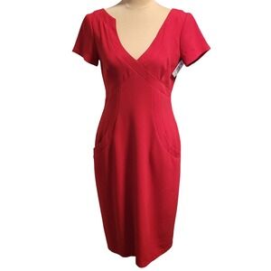 David Meister Red V-Neck Hourglass Sheath Dress NWT Pockets 4 LRD Day to Night